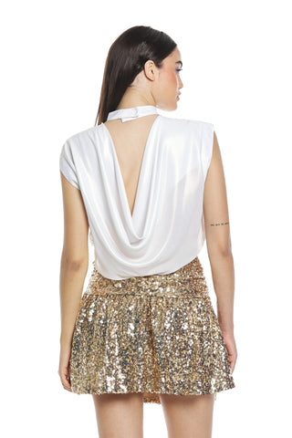 CORDIERITE half-sleeved blouse with open back pleats and plated georgette bow
