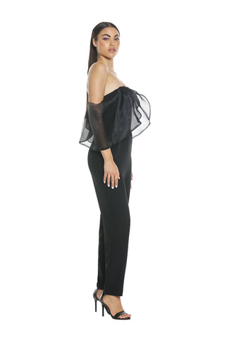 ACQUAMARI jumpsuit, low crotch, bardot neckline with sleeves and organza insert