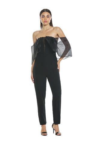 ACQUAMARI jumpsuit, low crotch, bardot neckline with sleeves and organza insert