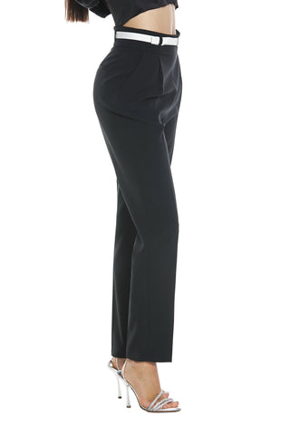 GIUNONE high-waisted trousers with pleats plus pocket and rhinestone buckle belt