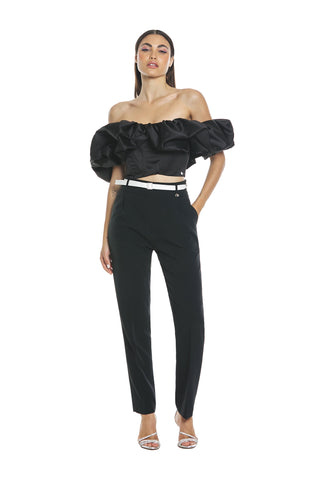 GIUNONE high-waisted trousers with pleats plus pocket and rhinestone buckle belt