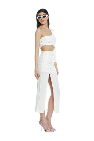 ELDA long one-shoulder cut-out dress with rhinestone trimmings and curled profiles