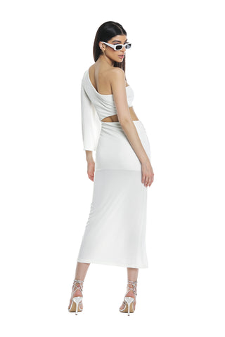 ELDA long one-shoulder cut-out dress with rhinestone trimmings and curled profiles