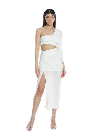 ELDA long one-shoulder cut-out dress with rhinestone trimmings and curled profiles