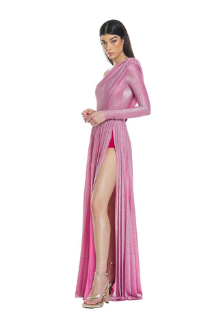 CIANITE one-shoulder long-sleeved dress with pleated lurex belt Relish CIANITE one-shoulder long-sleeved dress with pleated lurex belt Relish