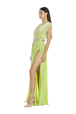 GRAZIK_Long sleeveless dress, deep sc.v. with tulle back and pleated lurex belt