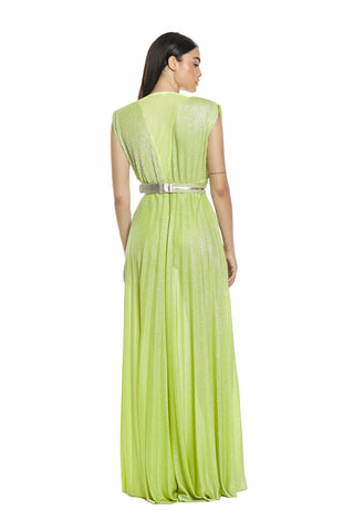 GRAZIK_Long sleeveless dress, deep sc.v. with tulle back and pleated lurex belt