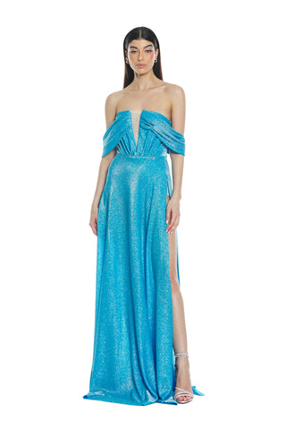 ASTROFILLITE long dress with boat neckline and lurex tulle insert