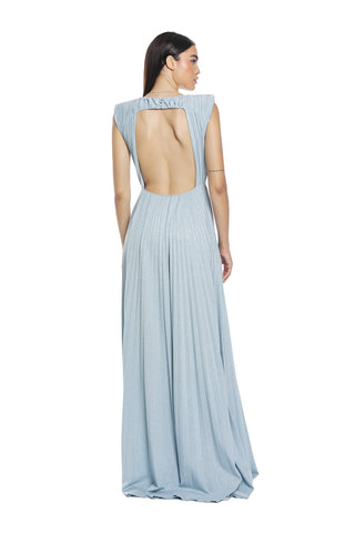 DEVI_A long dress with back neckline and star chain necklace plus pleated lurex tulle