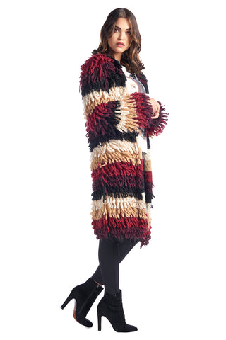 Cardigan lungo con punto pelliccia e righe color, relish fashion moda, abbigliamento femminile