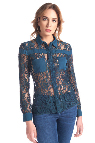 Camicia in full pizzo con profili in raso e tasche in georgette, relish fashion moda, abbigliamento femminile