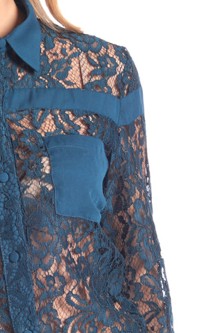 Camicia in full pizzo con profili in raso e tasche in georgette, relish fashion moda, abbigliamento femminile
