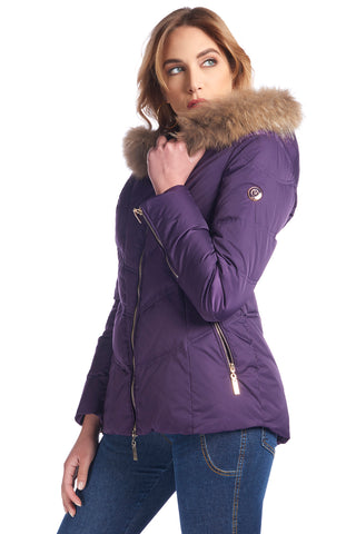 Piumino lunghezza media, zip trasversale e vestibilità ampia pelliccia al cappuccio, relish fashion moda, abbigliamento femminile