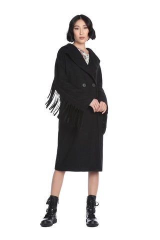 Long PLISAD coat with long sleeves and fringes plus hood