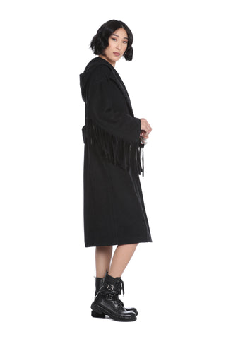 Long PLISAD coat with long sleeves and fringes plus hood