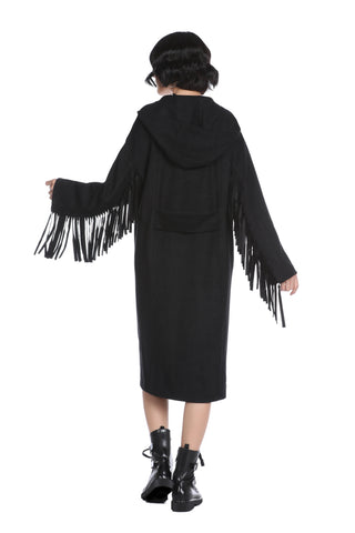 Long PLISAD coat with long sleeves and fringes plus hood