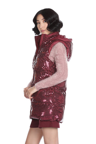 SHIRLEY long sleeveless down jacket with hood + full sequin pockets