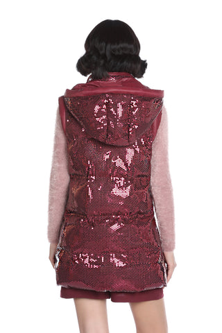 SHIRLEY long sleeveless down jacket with hood + full sequin pockets