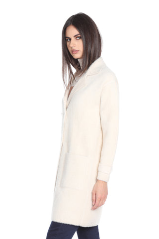 ANNOU double-breasted long-sleeved coat with fur yarn patch pockets