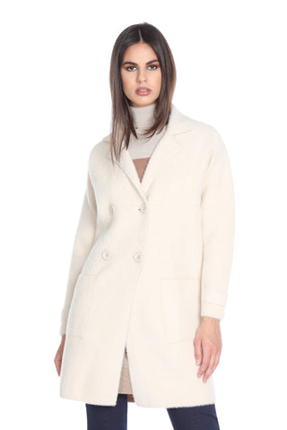 ANNOU double-breasted long-sleeved coat with fur yarn patch pockets