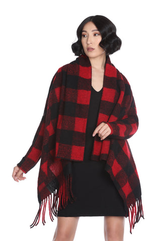 DREQUIA short, long-sleeved coat with checked cape-effect fringes