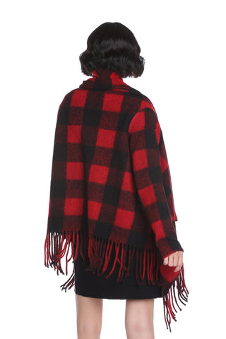 DREQUIA short, long-sleeved coat with checked cape-effect fringes