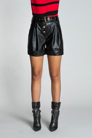 KIUSADR high-waisted shorts with belt plus pockets plus gold buttons with pleated bottom 