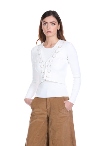 Cardigan ERJIN corto manica lunga scollo v con dettaglio anelli  più ganci costina