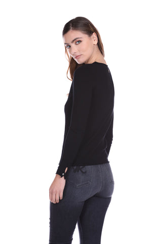 SIGAS long sleeve sweater with jewel button and porthole neckline