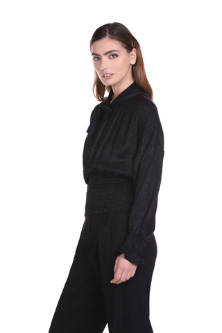 NEFT blouse with long sleeves, bateau neckline and smock stitch sash