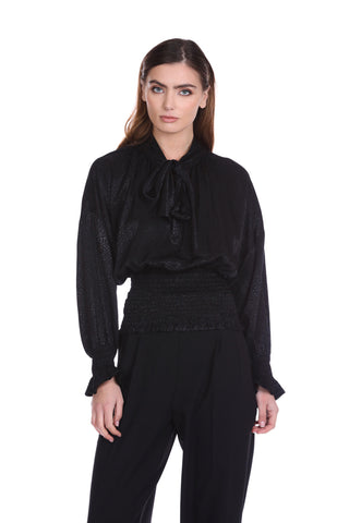 NEFT blouse with long sleeves, bateau neckline and smock stitch sash