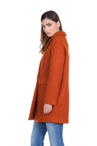 Double-breasted long-sleeved PEWI coat with boucle pockets