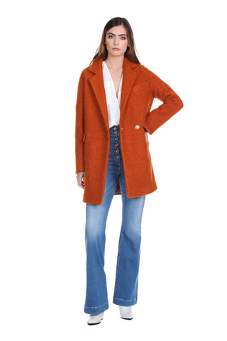 Double-breasted long-sleeved PEWI coat with boucle pockets