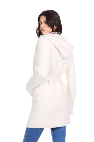 WILURDS coat with hood plus belt plus pockets. Fur yarn patch