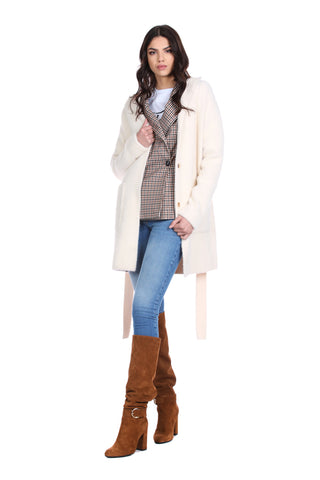 WILURDS coat with hood plus belt plus pockets. Fur yarn patch