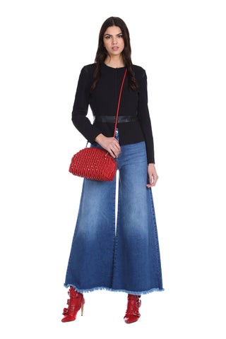 KONSER jeans high waist wide leg fringed 5 pocket denim