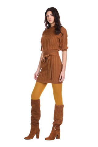 NYLUFERS short 3/4 sleeve high neck dress with belt plus jacquard braids and diamonds