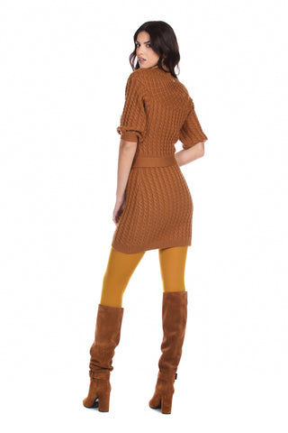 NYLUFERS short 3/4 sleeve high neck dress with belt plus jacquard braids and diamonds