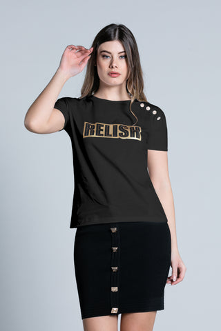 T-Shirt TOKYO mezza manica con stampa relish più strass più applicazione bottoni