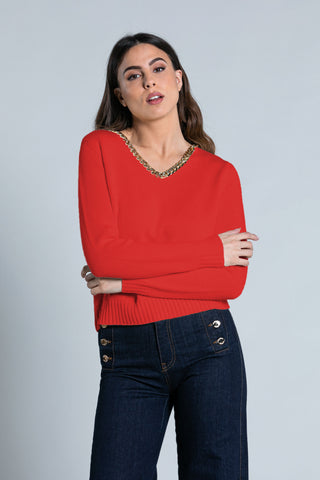DANDA long-sleeved v-neck sweater with gold chain