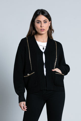 Cardigan SATIS manica lunga scollo v con catene più tasche più bottoni