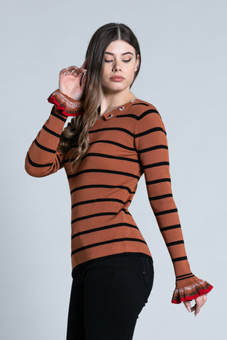 BEE long sleeve sweater with ruffles, ribbed crew neck and multi-striped jewel buttons