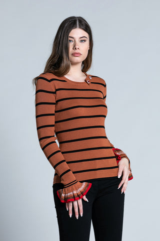 BEE long sleeve sweater with ruffles, ribbed crew neck and multi-striped jewel buttons