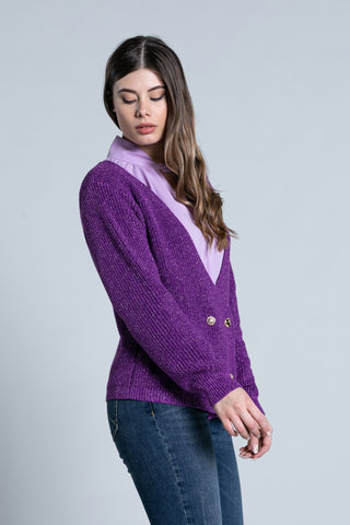 Cardigan BRILLIANT manica lunga scollo incrocio doppio petto con bottoni lurex