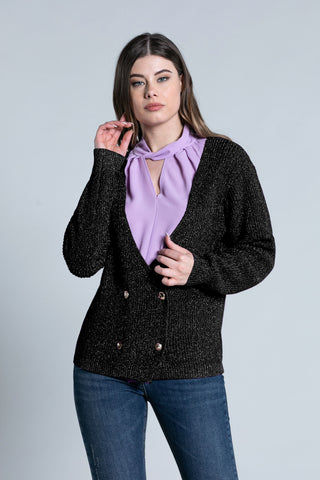 Cardigan BRILLIANT manica lunga scollo incrocio doppio petto con bottoni lurex