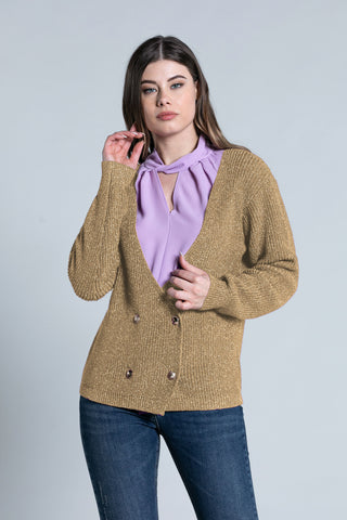 Cardigan BRILLIANT manica lunga scollo incrocio doppio petto con bottoni lurex