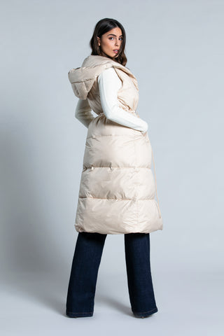 SMANIK long sleeveless down jacket with hood, buttons, pockets and drawstring