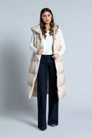 SMANIK long sleeveless down jacket with hood, buttons, pockets and drawstring