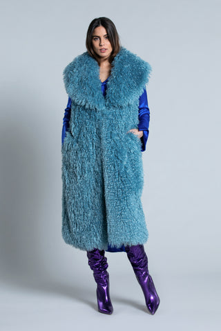 YET eco fur long sleeveless wide collar 1 button