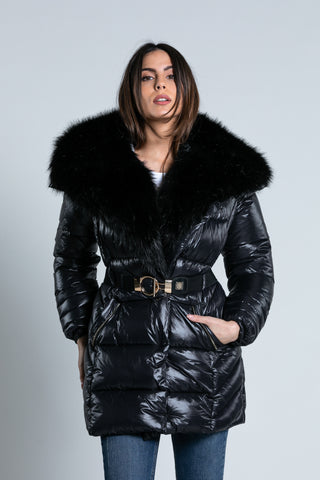 Long ISLANDER down jacket with long sleeves and large faux fur collar. more Belt